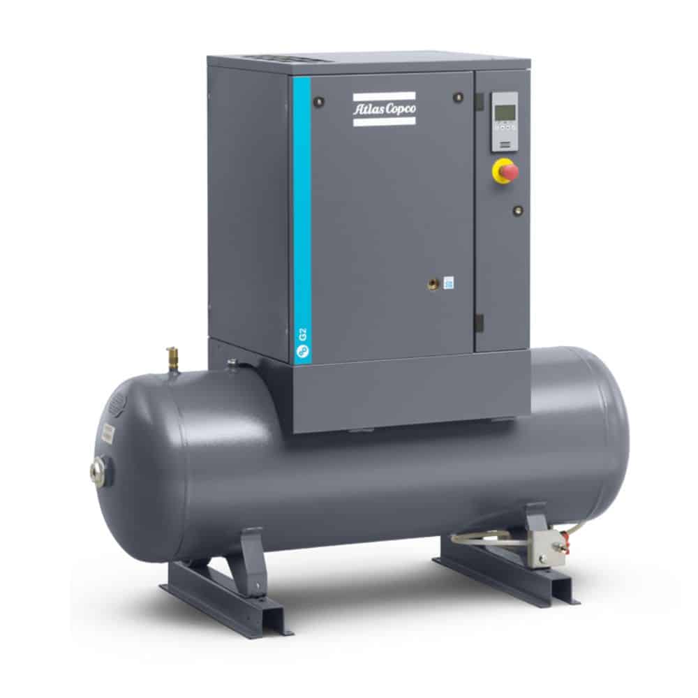 Atlas Copco G2-145T AFF, 3 HP, Oil Injected Rotary Screw Compressor,
53 Gallon Tank, 145 psi, with Dryer