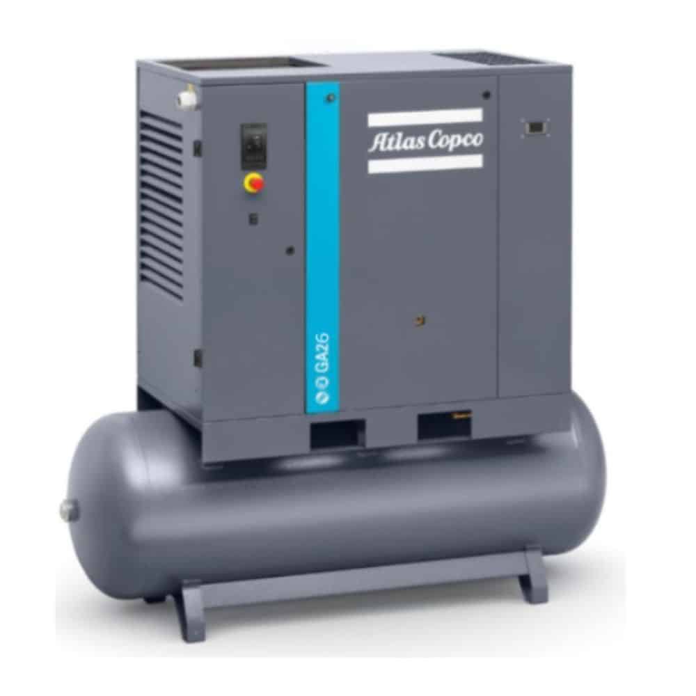 Atlas Copco GA26-125T AFF, 35 HP, Oil Injected Rotary Screw Compressor,
132 Gallon Tank, 125 psi, with Dryer